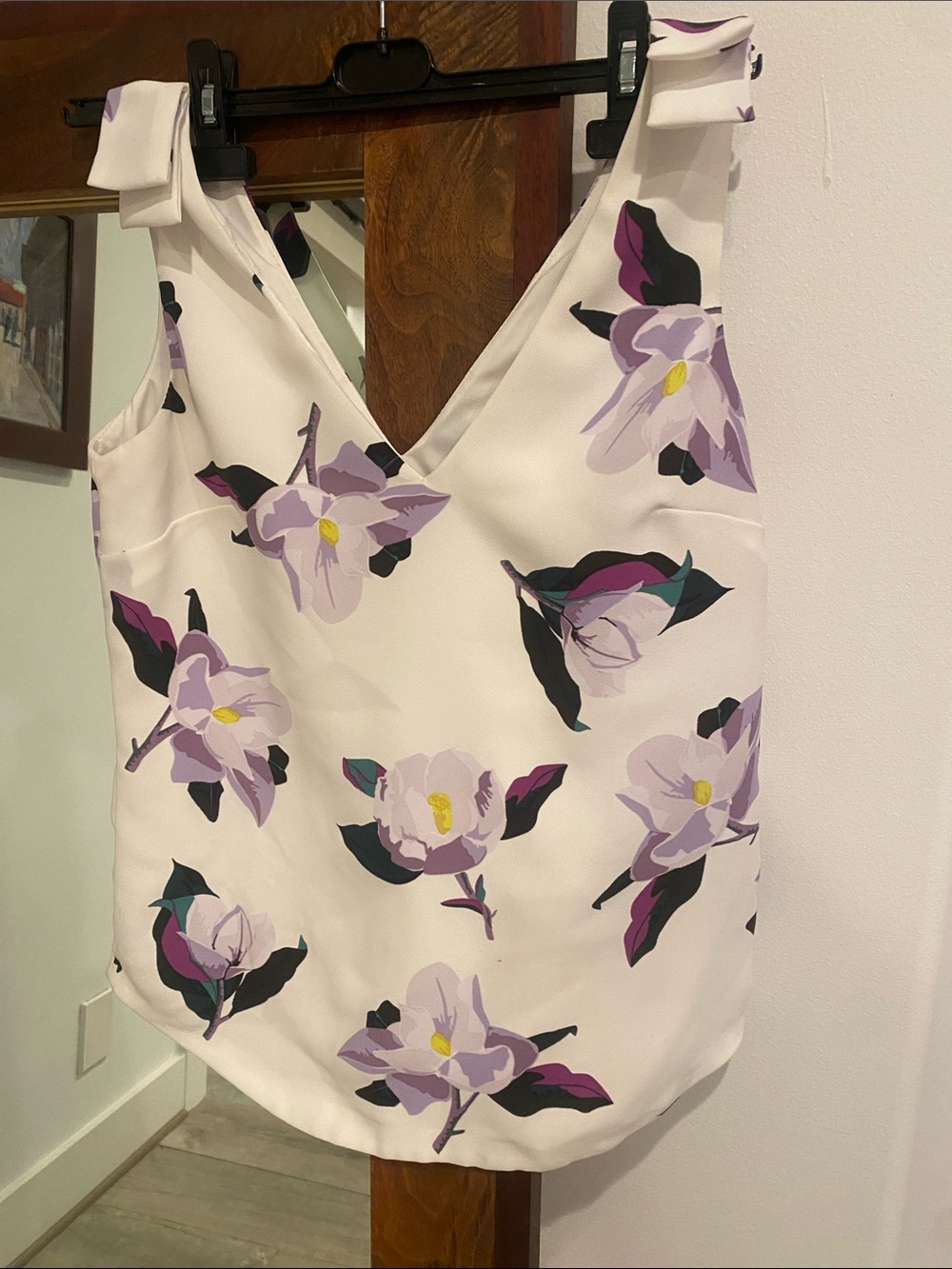Banana Republic White Floral V-Neck Blouse with Lavender Accents